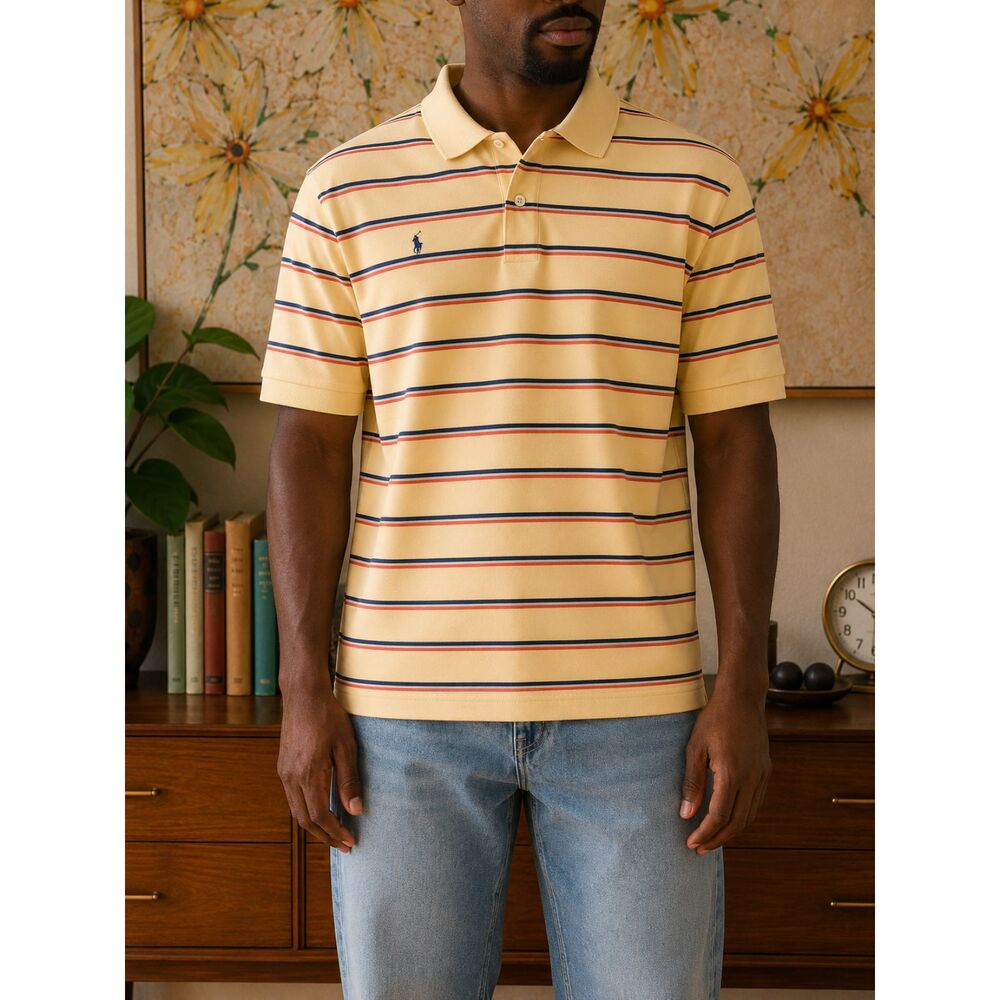 Vintage Ralph Lauren Polo Shirt Mens XL Yellow Striped Americana Preppy 90s